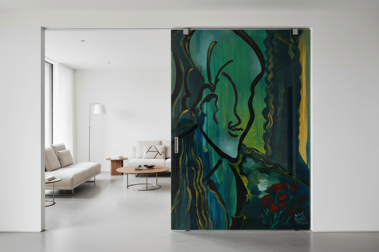 Porta Scorrevole in Vetro con Opera d'Arte - Progetto su Misura (€2500/mq) - Micol Art Gallery